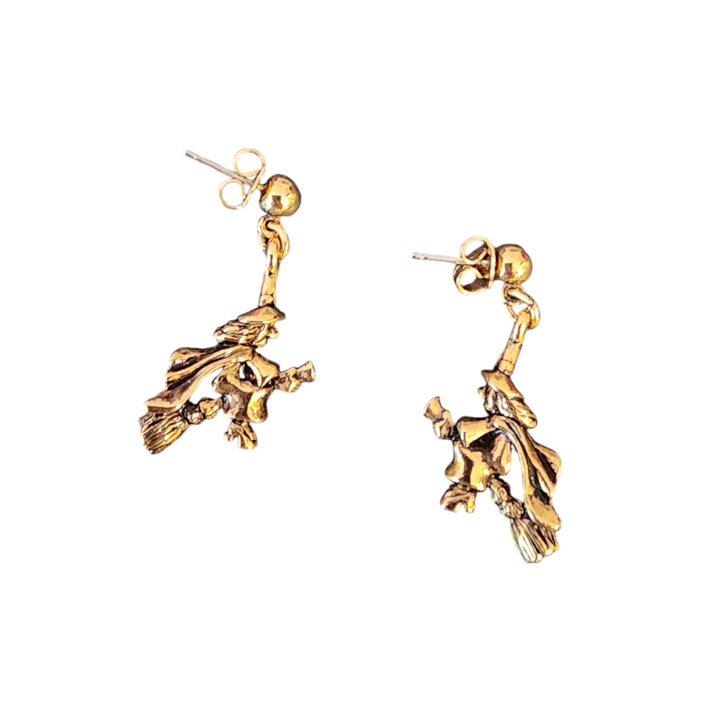 Flying Witch on a Broomstick Halloween Gold Stud Earrings